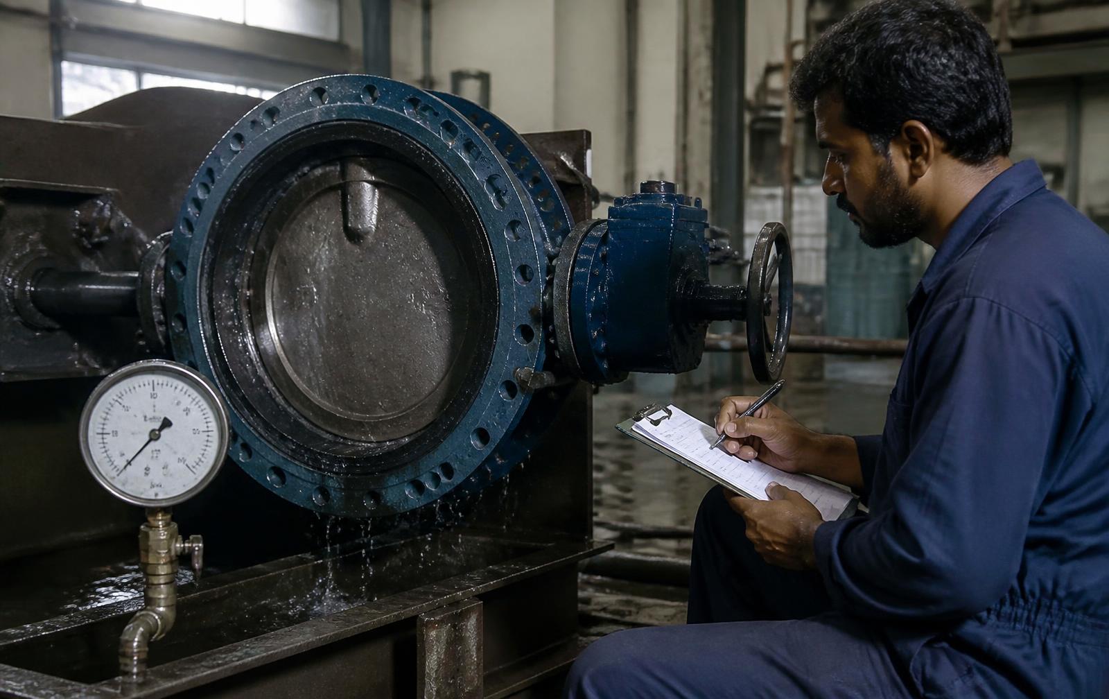 Hydrostatic pressure testing of a large butterfly valve on the works test bench