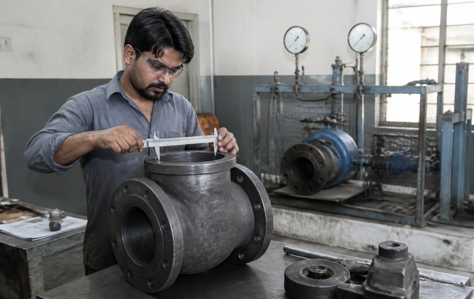 Quality inspector measuring a cast valve body at the Rehman Engineering Works quality lab